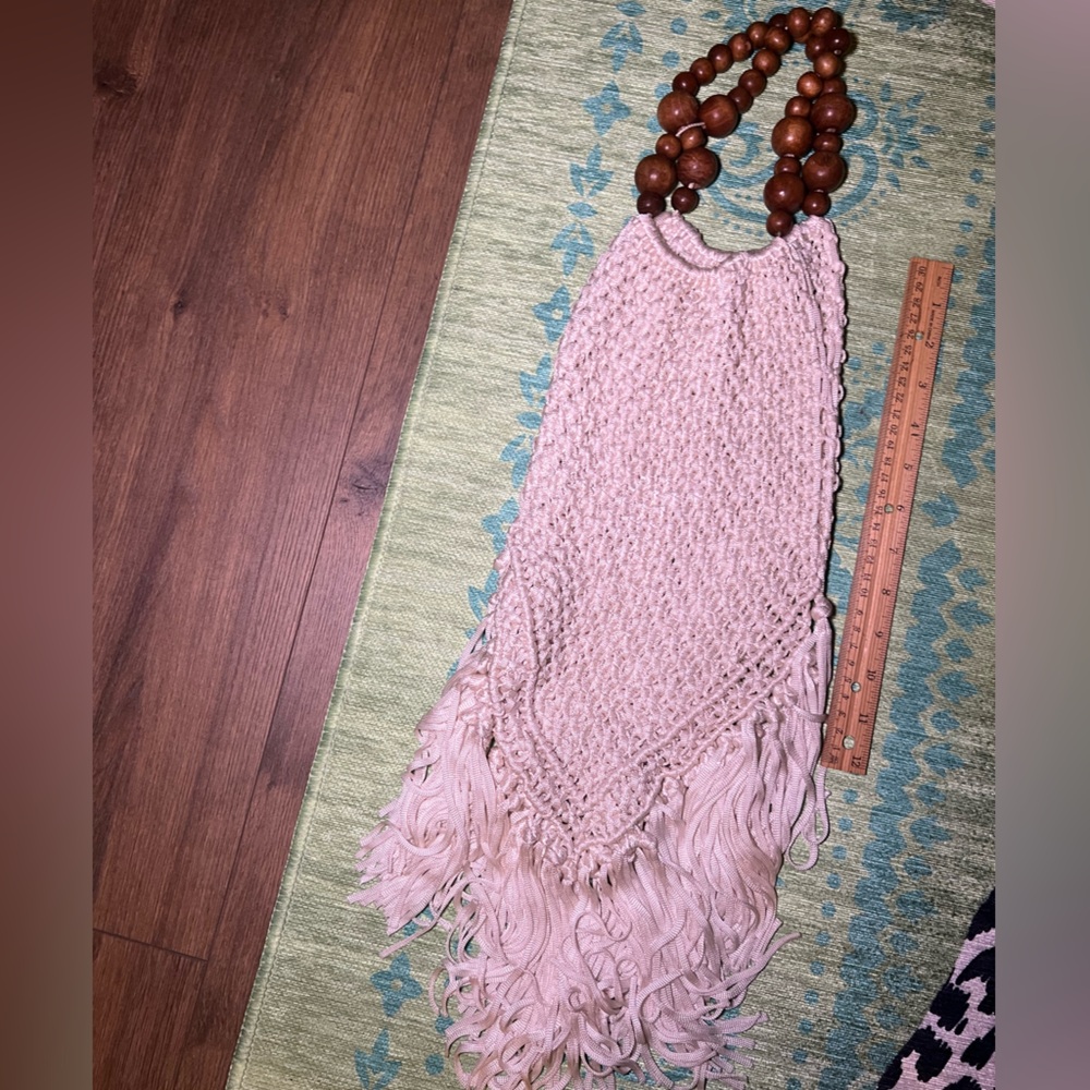 Cream boho crochet summer bag with wooden detail handle. 🏝️ ☀️